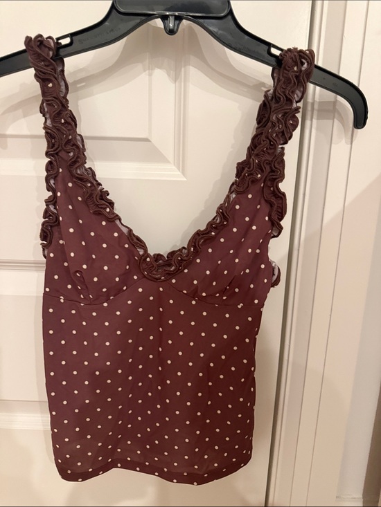 Urban Outfitters Tops - Urban Outfitters Out From Under Brown/Cream Polka Dot Ruffle Tank Top